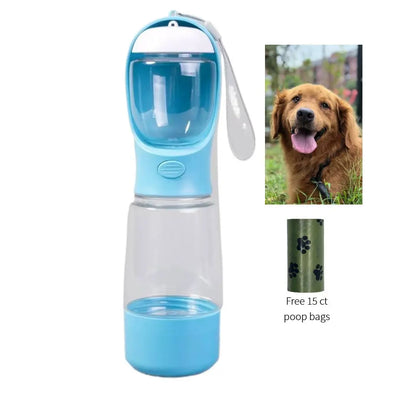 3-in-1 Portable Dog Water Bottle – Leak-Proof Travel Bottle with Poop Bag Holder & Food Jar, Includes 15 Bags