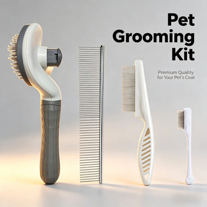 4-Piece Pet Grooming Kit – Self-Cleaning Slicker Brush, Dematting Comb & Fur Removal Tools for Dogs & Cats