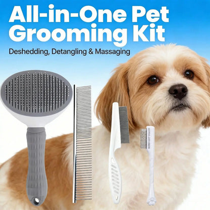 4-Piece Pet Grooming Kit – Self-Cleaning Slicker Brush, Dematting Comb & Fur Removal Tools for Dogs & Cats