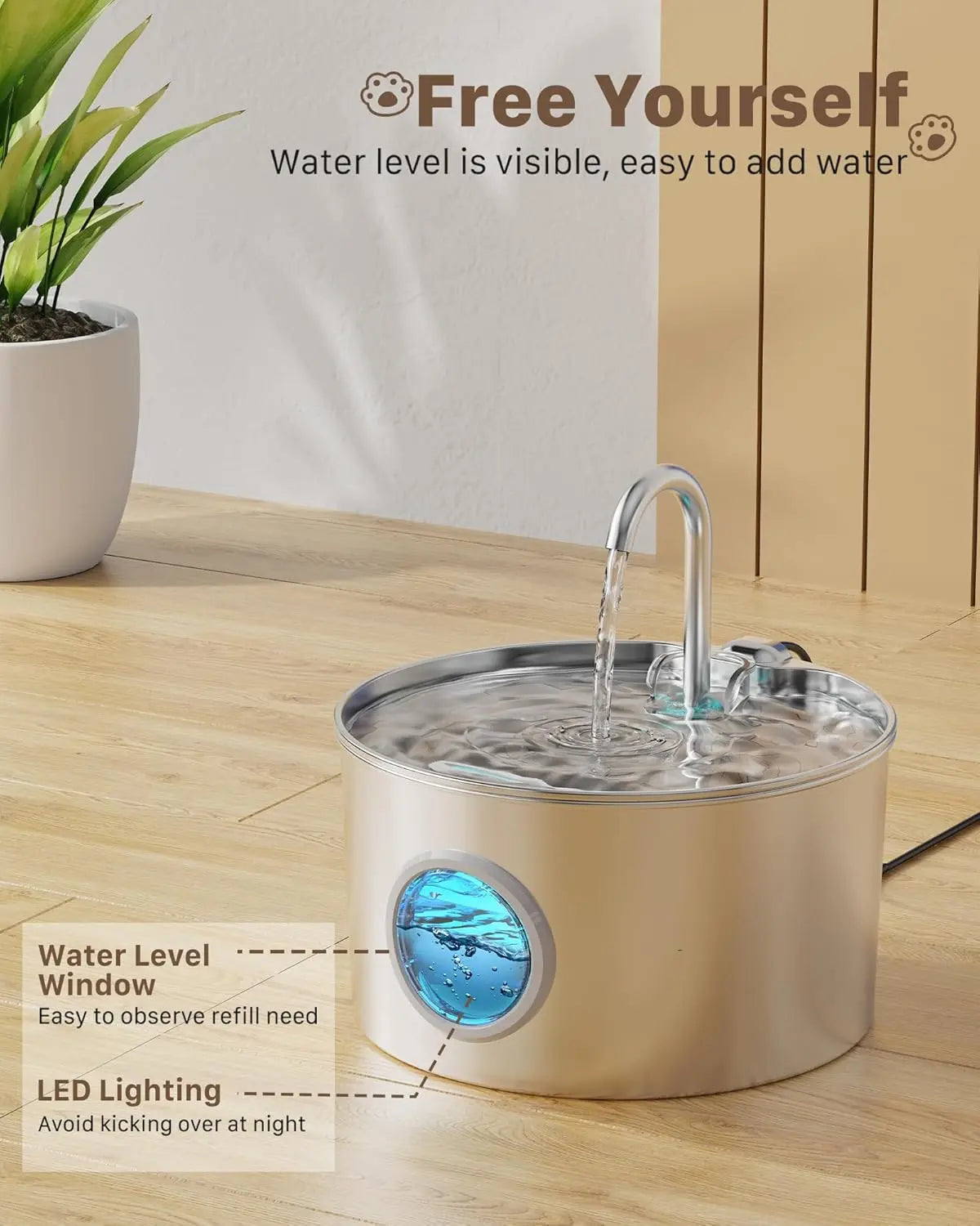 Stainless Steel Cat Water Fountain – 74oz/2.2L Quiet Pet Drinking Fountain for Cats & Small Animals