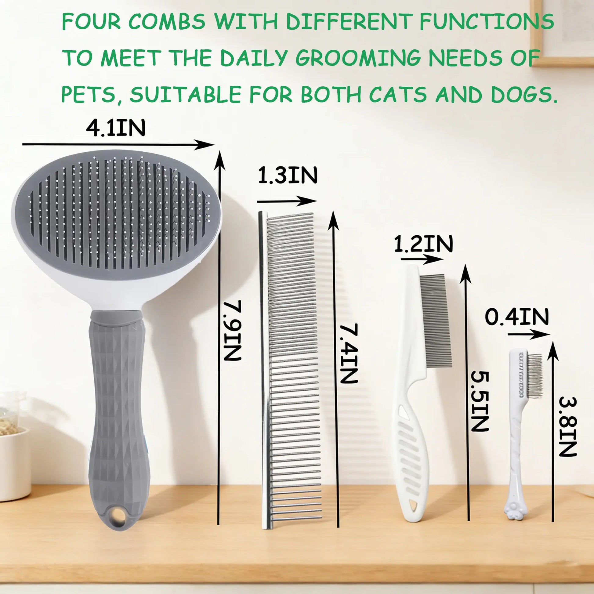 4-Piece Pet Grooming Kit – Self-Cleaning Slicker Brush, Dematting Comb & Fur Removal Tools for Dogs & Cats