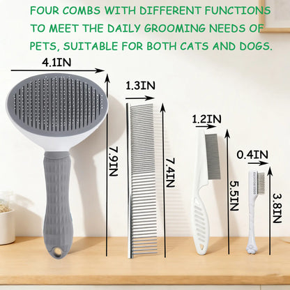 4-Piece Pet Grooming Kit – Self-Cleaning Slicker Brush, Dematting Comb & Fur Removal Tools for Dogs & Cats