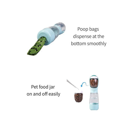 3-in-1 Portable Dog Water Bottle – Leak-Proof Travel Bottle with Poop Bag Holder & Food Jar, Includes 15 Bags