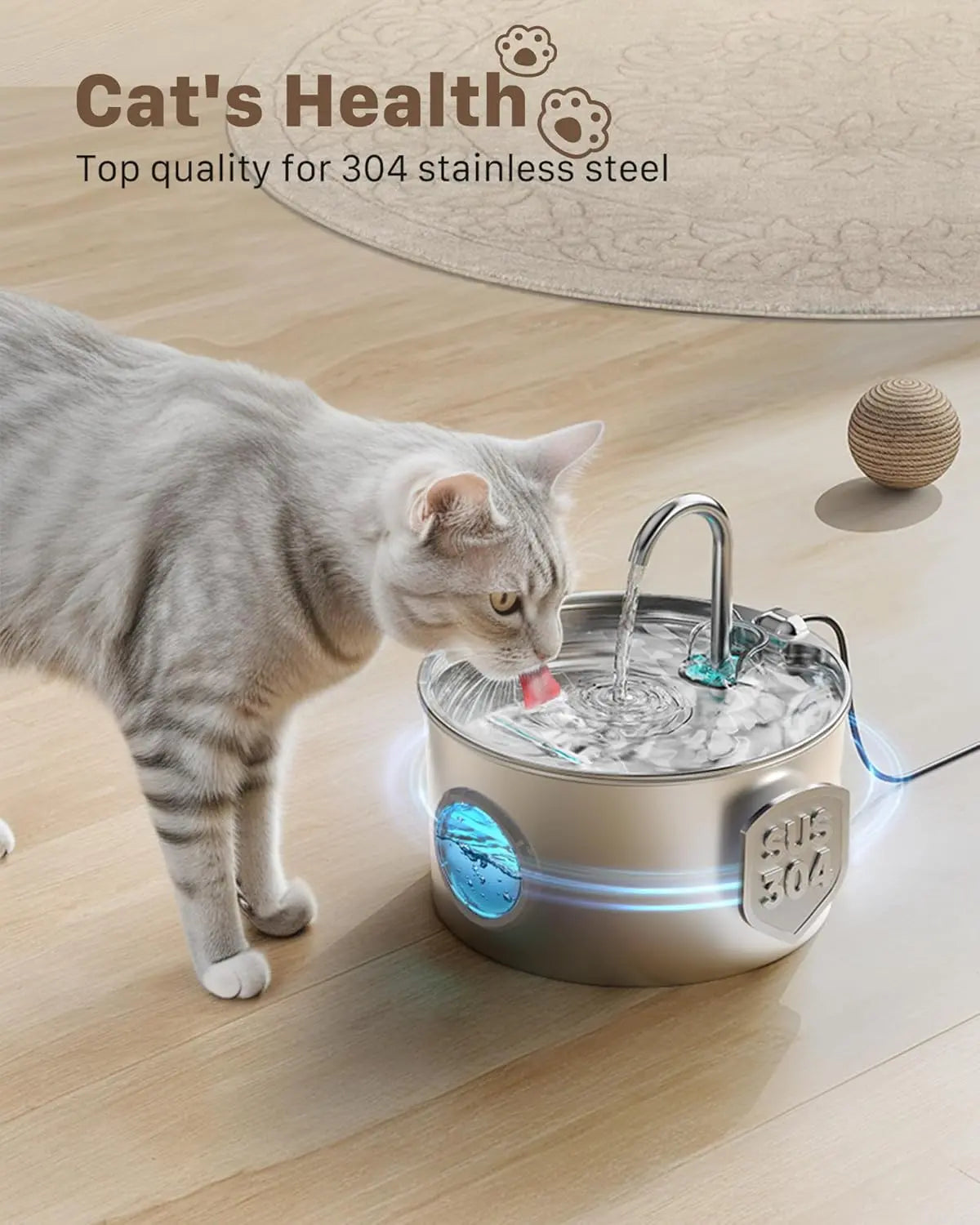 Stainless Steel Cat Water Fountain – 74oz/2.2L Quiet Pet Drinking Fountain for Cats & Small Animals