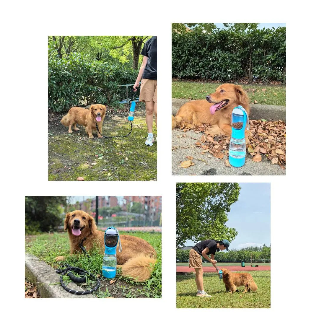 3-in-1 Portable Dog Water Bottle – Leak-Proof Travel Bottle with Poop Bag Holder & Food Jar, Includes 15 Bags