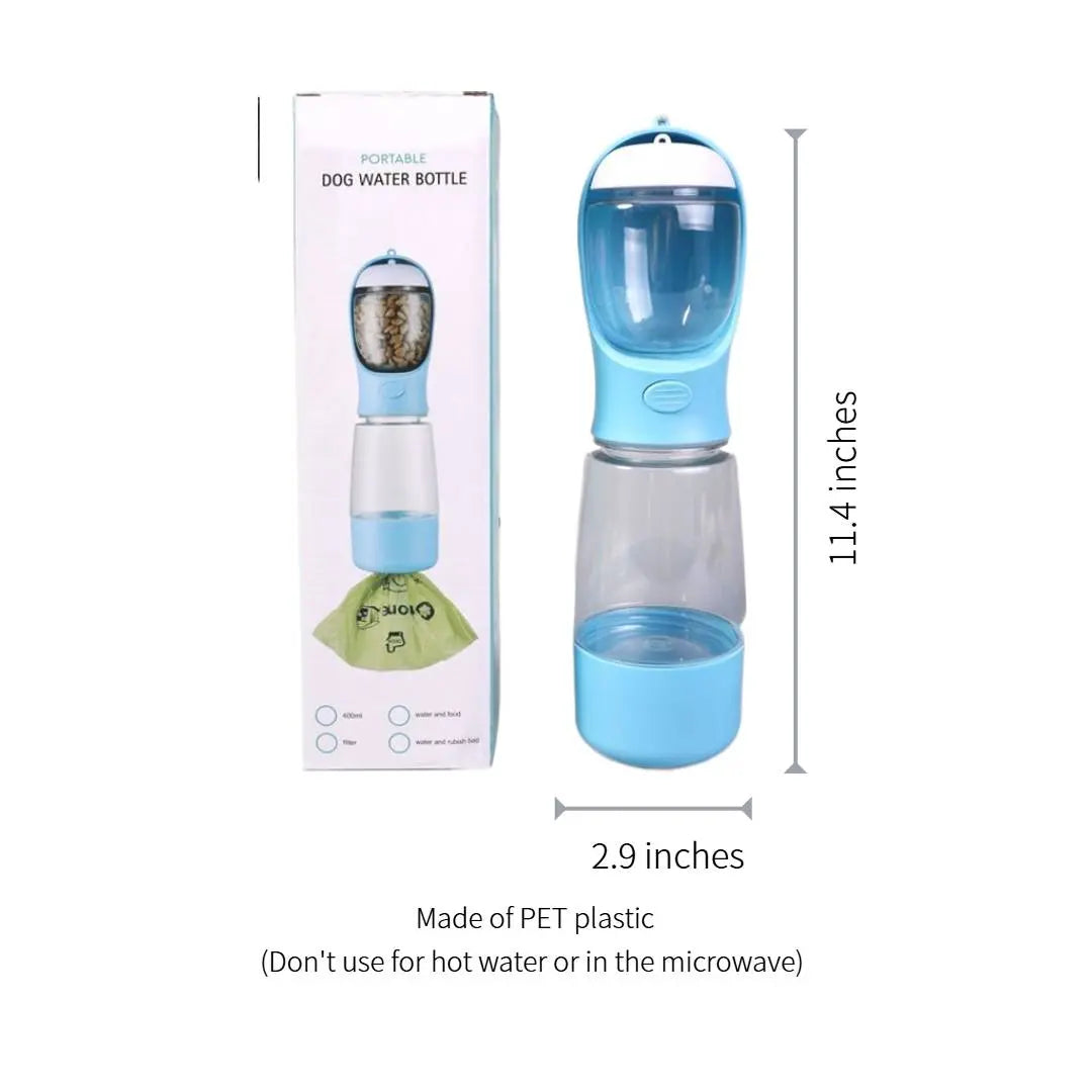 3-in-1 Portable Dog Water Bottle – Leak-Proof Travel Bottle with Poop Bag Holder & Food Jar, Includes 15 Bags