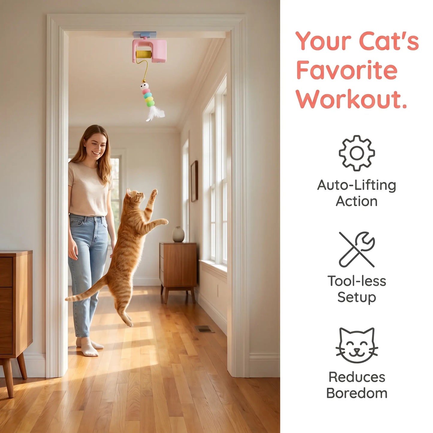 Automatic Cat Teaser Toy – USB Rechargeable Retractable Bungee Toy for Door, Interactive Self-Play Exercise Toy for Indoor Cats