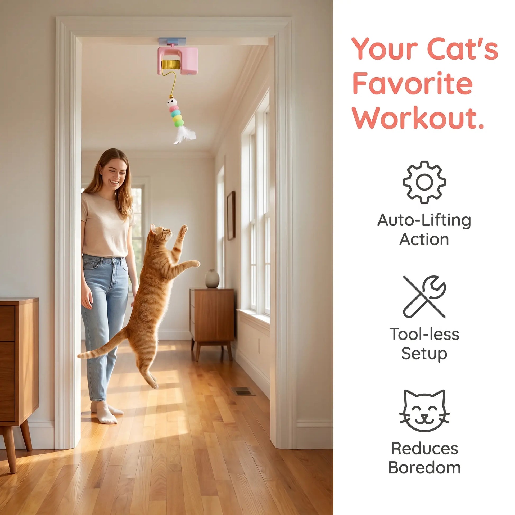 Automatic Cat Teaser Toy – USB Rechargeable Retractable Bungee Toy for Door, Interactive Self-Play Exercise Toy for Indoor Cats